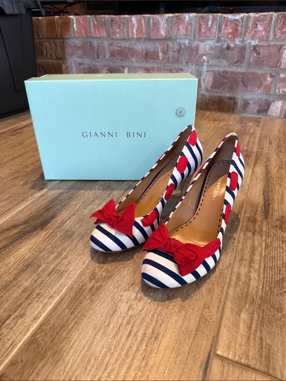 Gianni Bini Navy & White Striped Pumps with Red Bow Accent